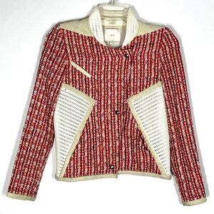 IRO Jacket Aubrey Red Cotton Tweed Suede Trim Mesh Paneled Size 34 - Romania